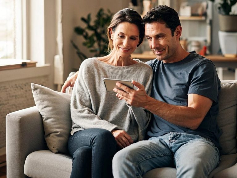 Ein Paar mit einem Smartphone Ein Paar sitzt auf einem Sofa und schaut gemeinsam auf ein Smartphone.