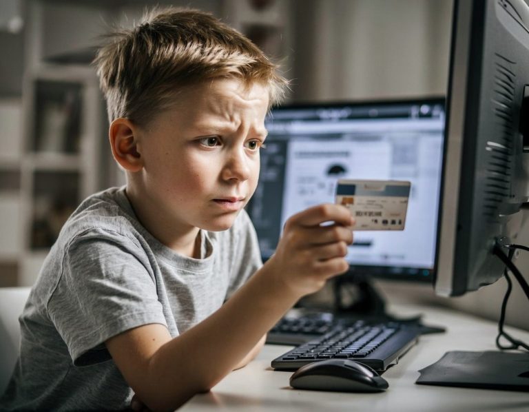 Ein Junge der am Computer spielt Ein junger Junge schaut besorgt auf einen Computerbildschirm und hält eine Kreditkarte in der Hand.