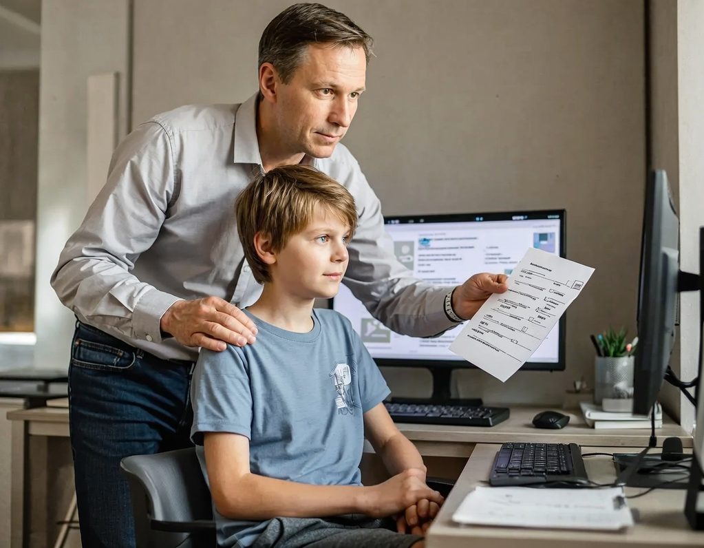 Vater und Sohn am Computer, Aufklärung Ein Erwachsener erklärt einem Jungen am Computer etwas. Er hat eine Checkliste und macht den Jungen auf die Gefahren im Internet aufmerksam.