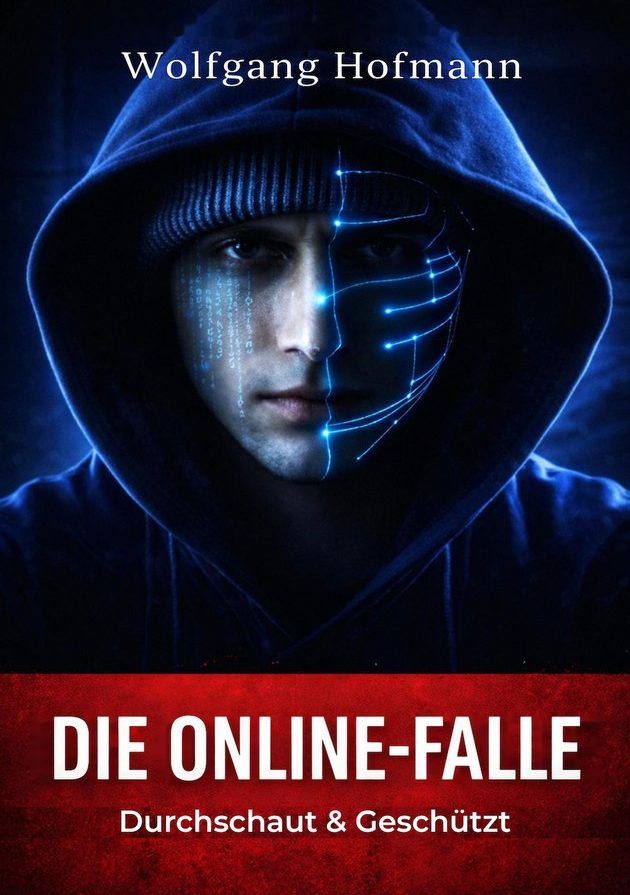 Ein Mann mit Kapuze und digitalem Gesicht, Titel: "Die Online-Falle".